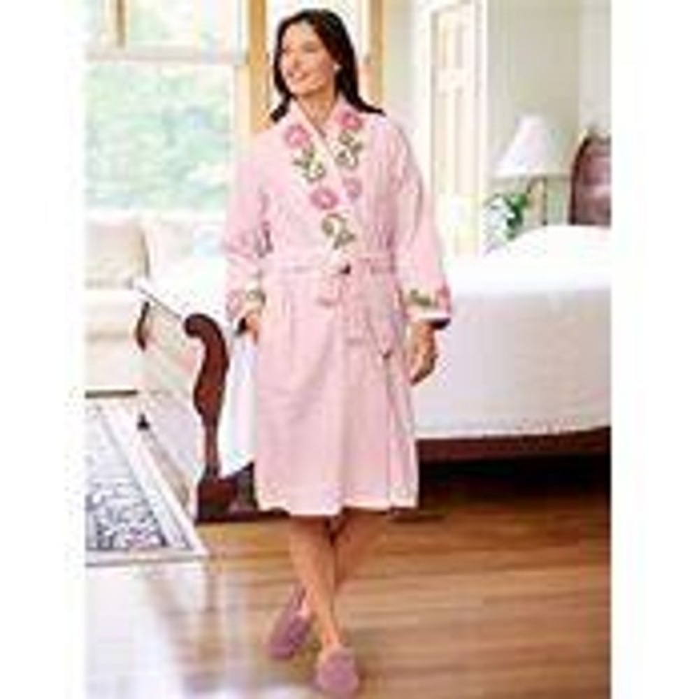 Vermont Country Store Pink Chenille Floral Robe Wrap Long Sleeve S